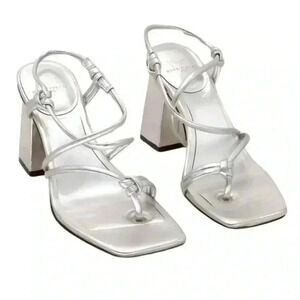 Marc Fisher Women's Silver Giada Block Heel Strappy Sandals Size 7M
